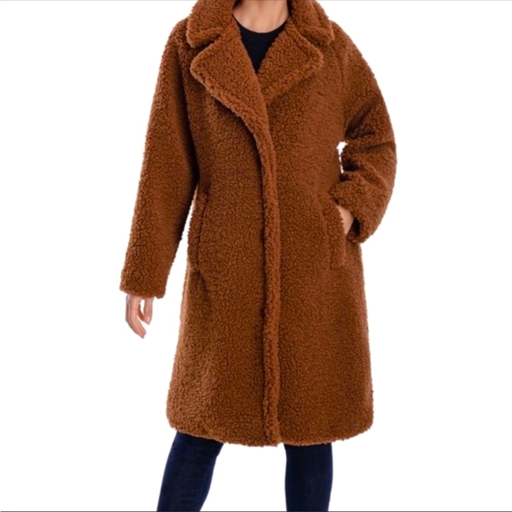 Lucky Brand Teddy Coat Faux Shearling Fleece Jacket Longline Brown M